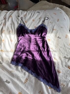 Reformation Purple Satin Slip Dress with Lavender Lace Trim